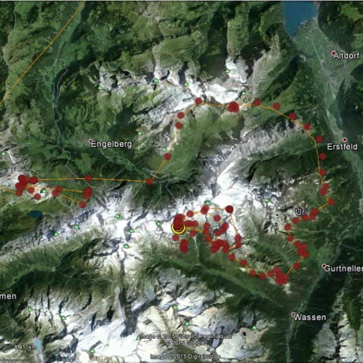 Flugroute von Schils von gestern. Am linken Bildrand bei den roten Kreisen wurde er freigelassen, bei dem gelben Kreis hat er übernachtet