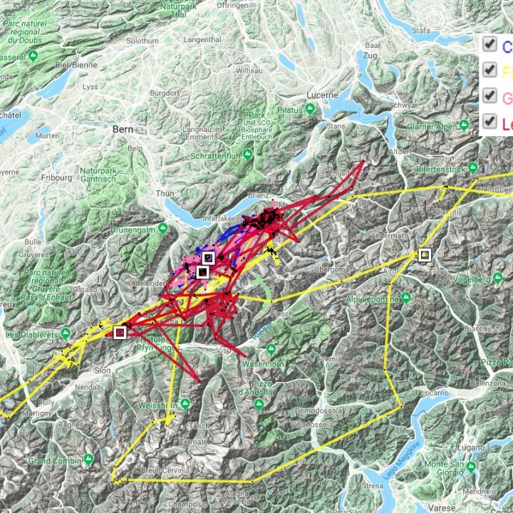 Die GPS Positionen vom Juni und Juli von Cierzo, Fortuna, Léoux und Gemapi