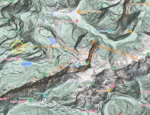 Karte mit den GPS-Lokalisationen von Paradiso seit Gestern Mittag. Im gelben Kreis die Auswilderungsnische